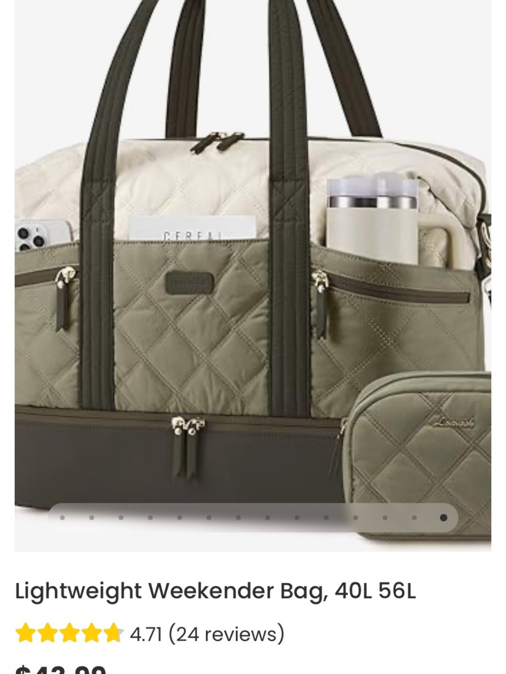 LOVEVOOK Quilted Lightweight Weekender Bag in Olive & Cream